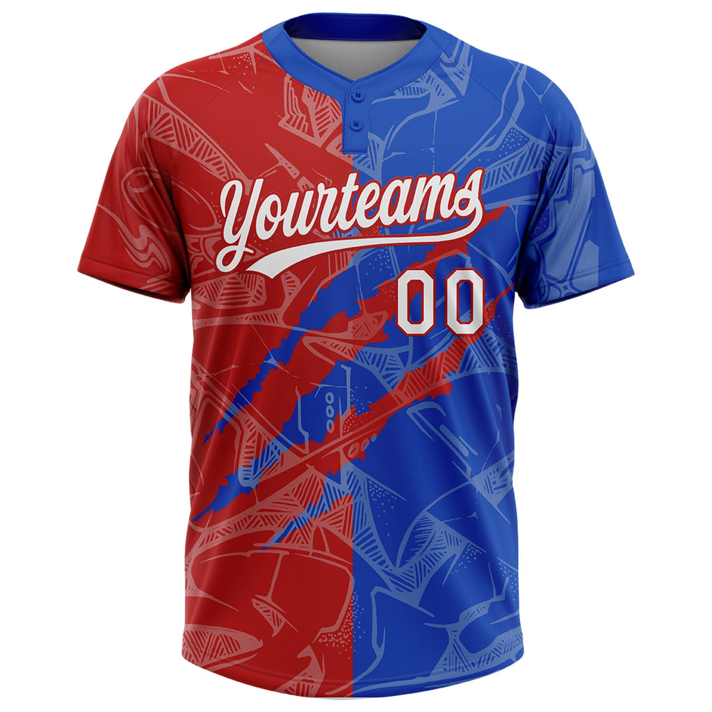 Custom Graffiti Pattern White Thunder Blue-Red 3D Scratch Two-Button Unisex Softball Jersey