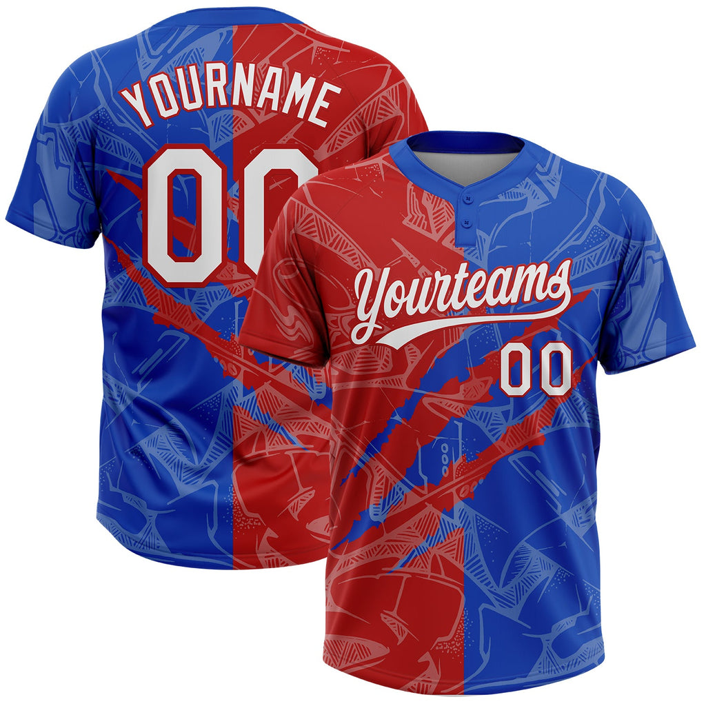 Custom Graffiti Pattern White Thunder Blue-Red 3D Scratch Two-Button Unisex Softball Jersey
