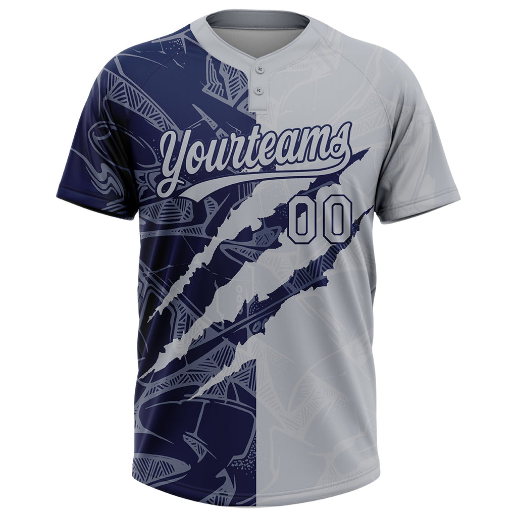 Custom Graffiti Pattern Gray-Navy 3D Scratch Two-Button Unisex Softball Jersey
