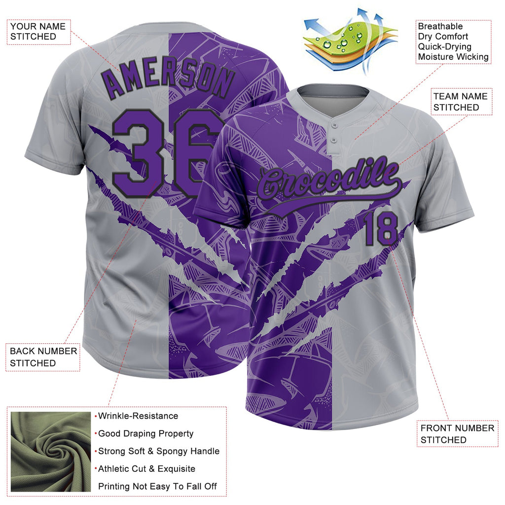 Custom Graffiti Pattern Purple Gray-Black 3D Scratch Two-Button Unisex Softball Jersey
