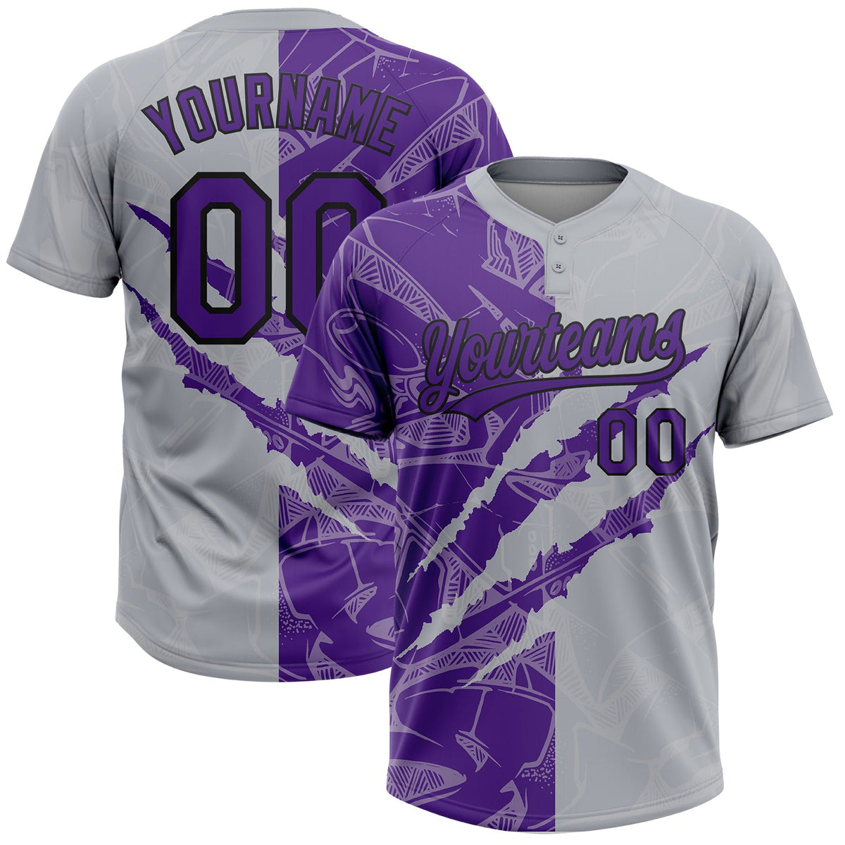 Custom Graffiti Pattern Purple Gray-Black 3D Scratch Two-Button Unisex Softball Jersey