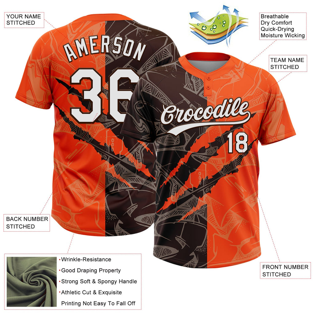 Custom Graffiti Pattern White Orange-Brown 3D Scratch Two-Button Unisex Softball Jersey