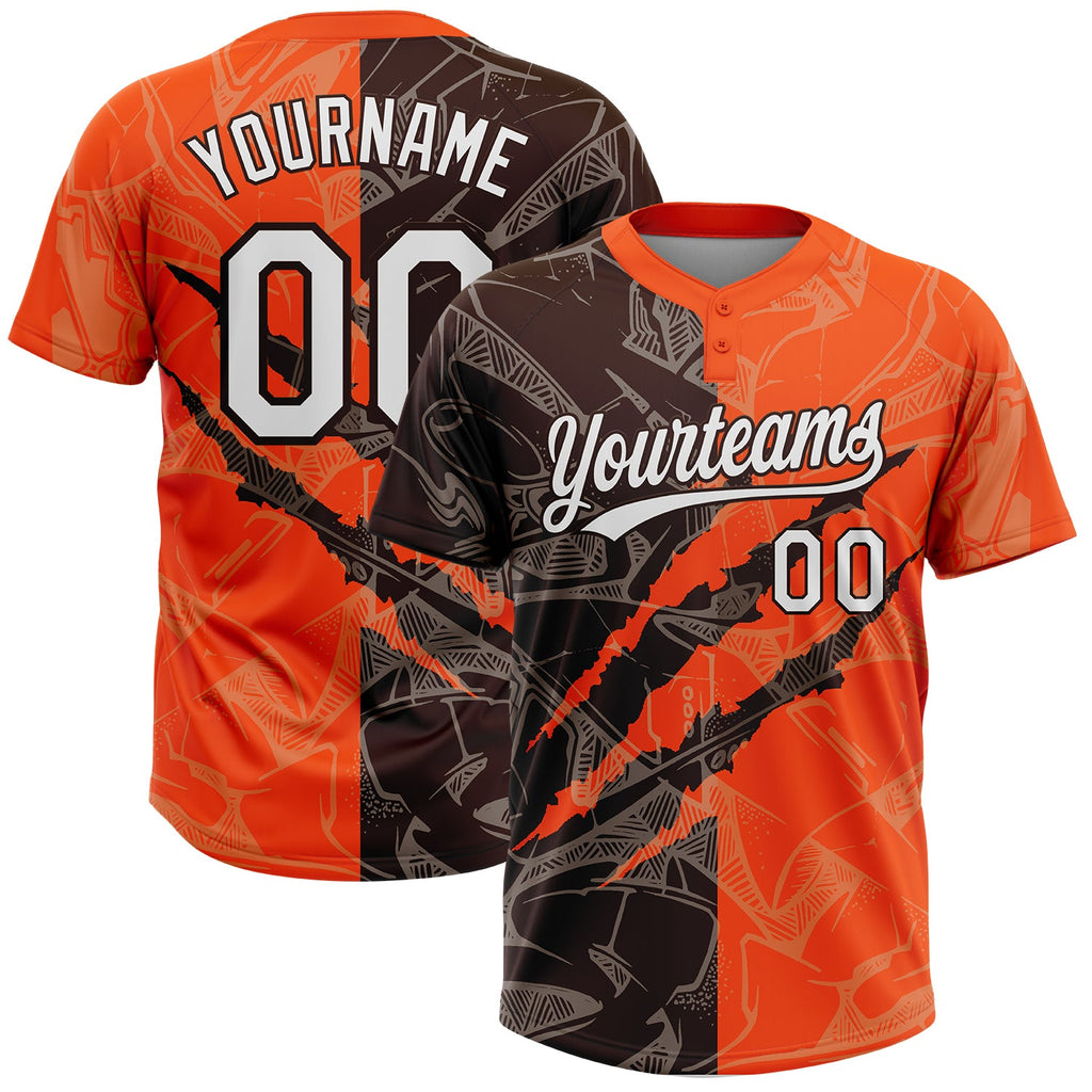 Custom Graffiti Pattern White Orange-Brown 3D Scratch Two-Button Unisex Softball Jersey