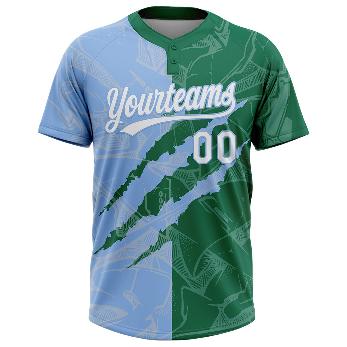 Custom Graffiti Pattern White Kelly Green-Light Blue 3D Scratch Two-Button Unisex Softball Jersey