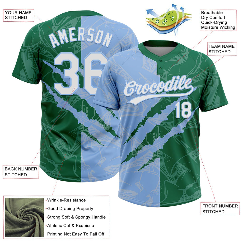 Custom Graffiti Pattern White Kelly Green-Light Blue 3D Scratch Two-Button Unisex Softball Jersey