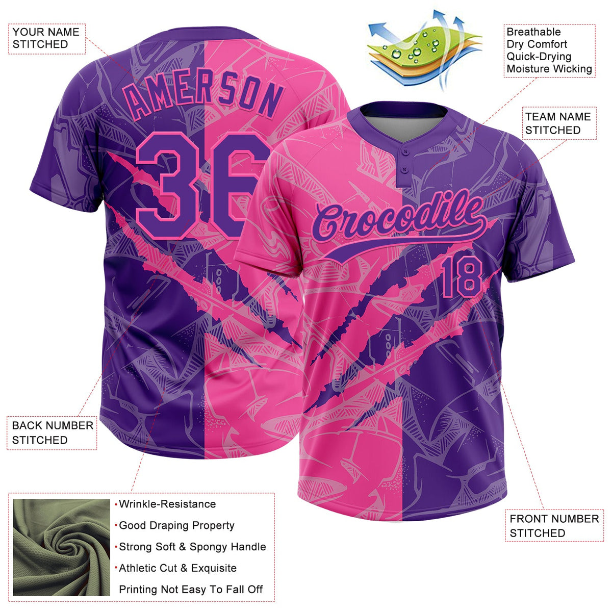 Custom Graffiti Pattern Purple-Pink 3D Scratch Two-Button Unisex Softball Jersey