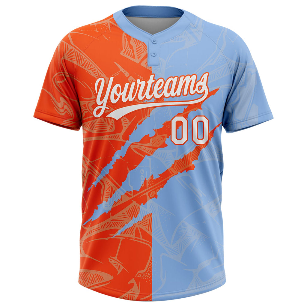 Custom Graffiti Pattern White Light Blue-Orange 3D Scratch Two-Button Unisex Softball Jersey