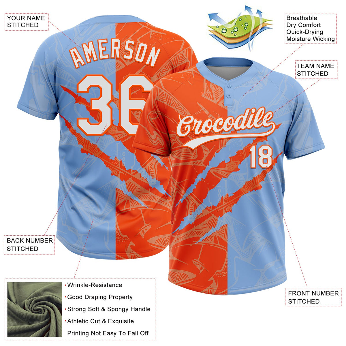 Custom Graffiti Pattern White Light Blue-Orange 3D Scratch Two-Button Unisex Softball Jersey