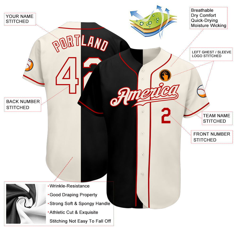 Custom Black Cream-Red Authentic Split Fashion Baseball Jersey