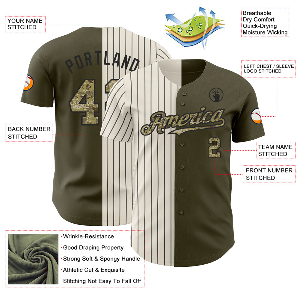 Custom Olive Camo Cream-Black Pinstripe Authentic Split Fashion Salute To Service Baseball Jersey
