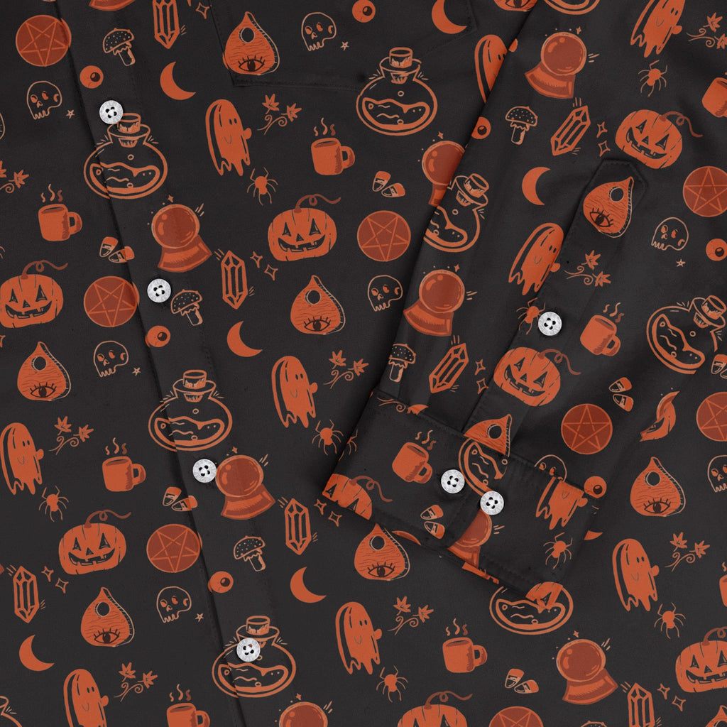 Spooky Halloween Orange Long Sleeve Button Up Shirt