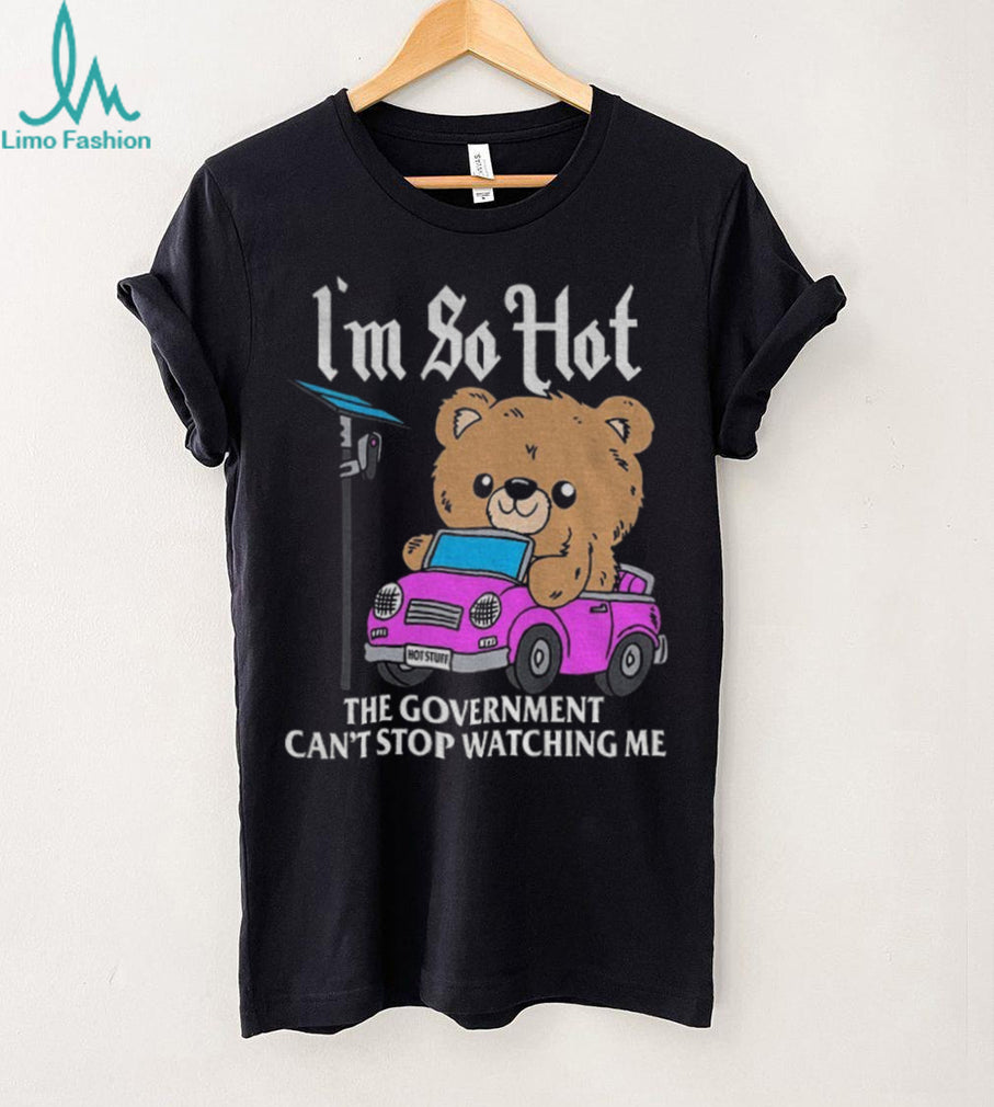 Teddy bear driving pink car with camera sign I’m so hot the government can’t flock camera shirt