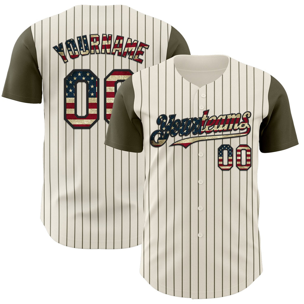 Custom Cream Olive Pinstripe Vintage USA Flag-Black Authentic Two Tone Baseball Jersey