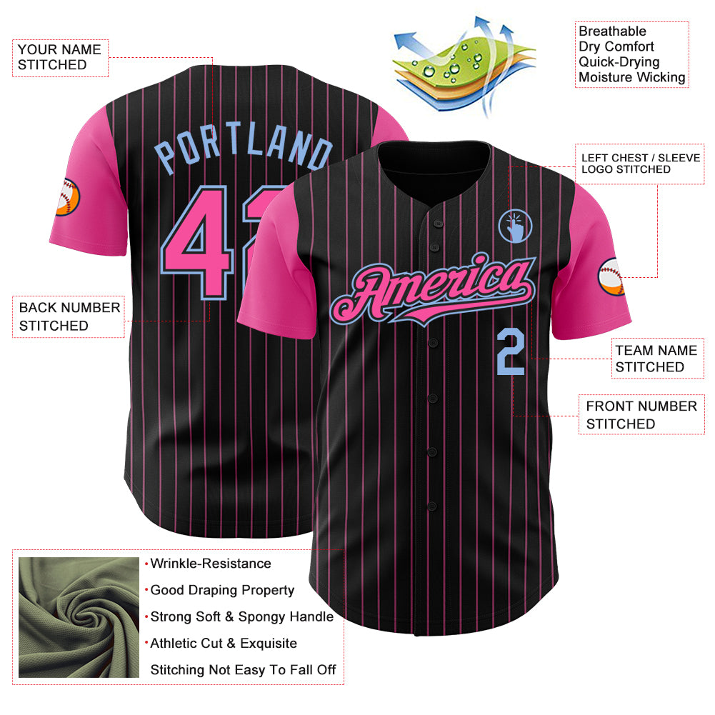 Custom Black Pink Pinstripe Light Blue Authentic Two Tone Baseball Jersey