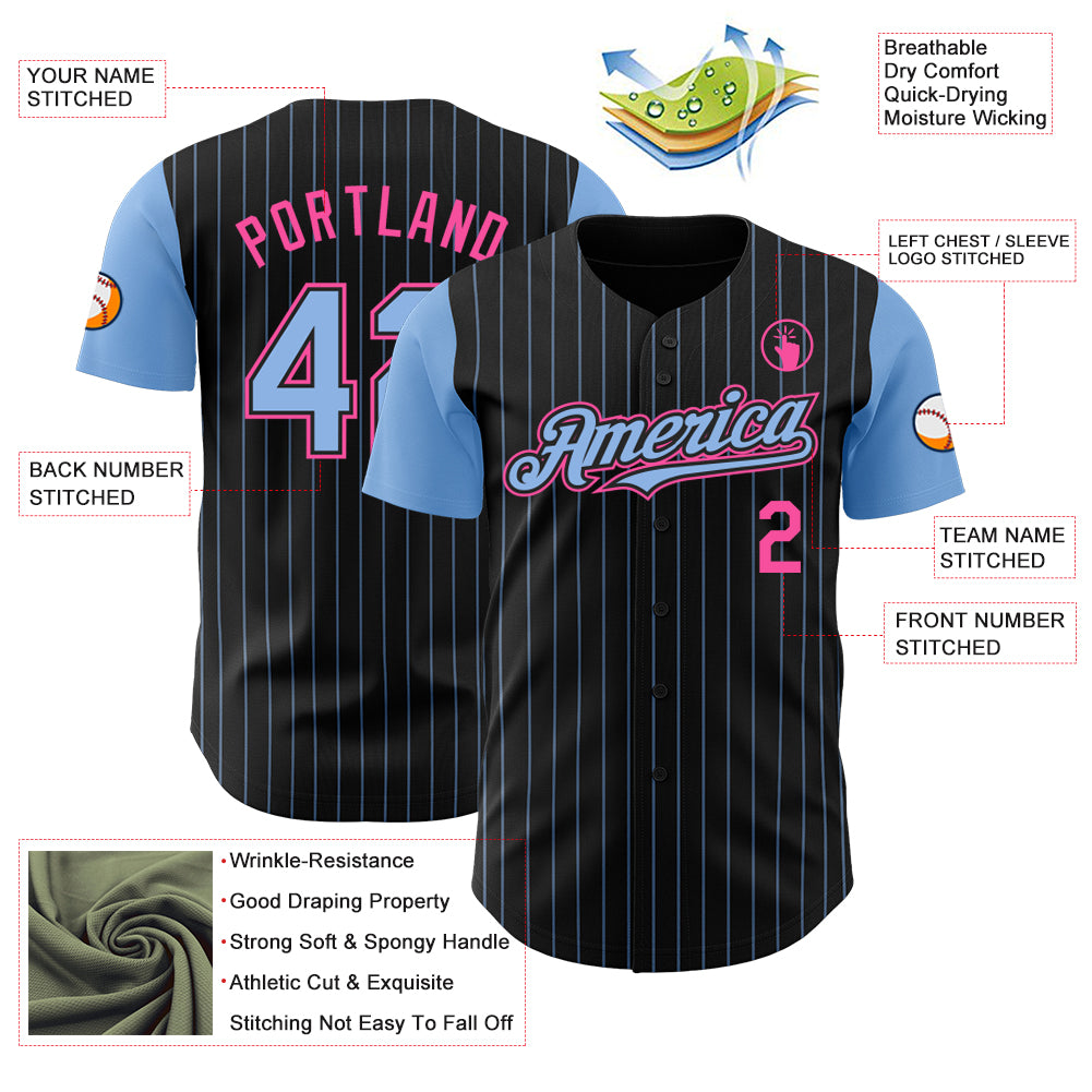 Custom Black Light Blue Pinstripe Pink Authentic Two Tone Baseball Jersey