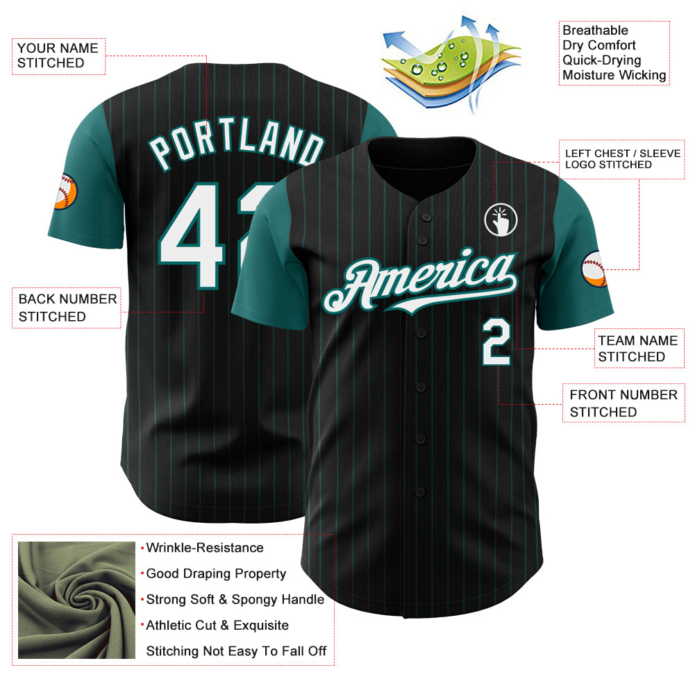 Custom Black Teal Pinstripe White Authentic Two Tone Baseball Jersey