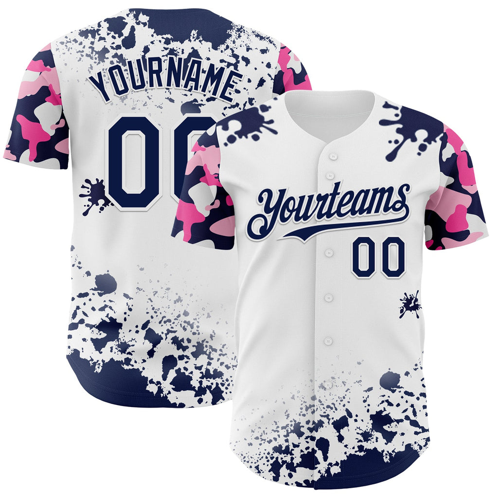 Custom White Navy-Pink Splatter Camo Two Tone Authentic Baseball Jersey