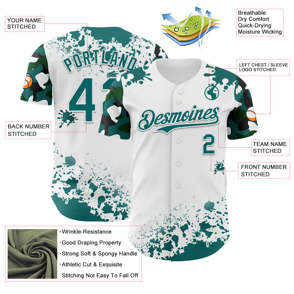 Custom White Teal-Black Splatter Camo Two Tone Authentic Baseball Jersey