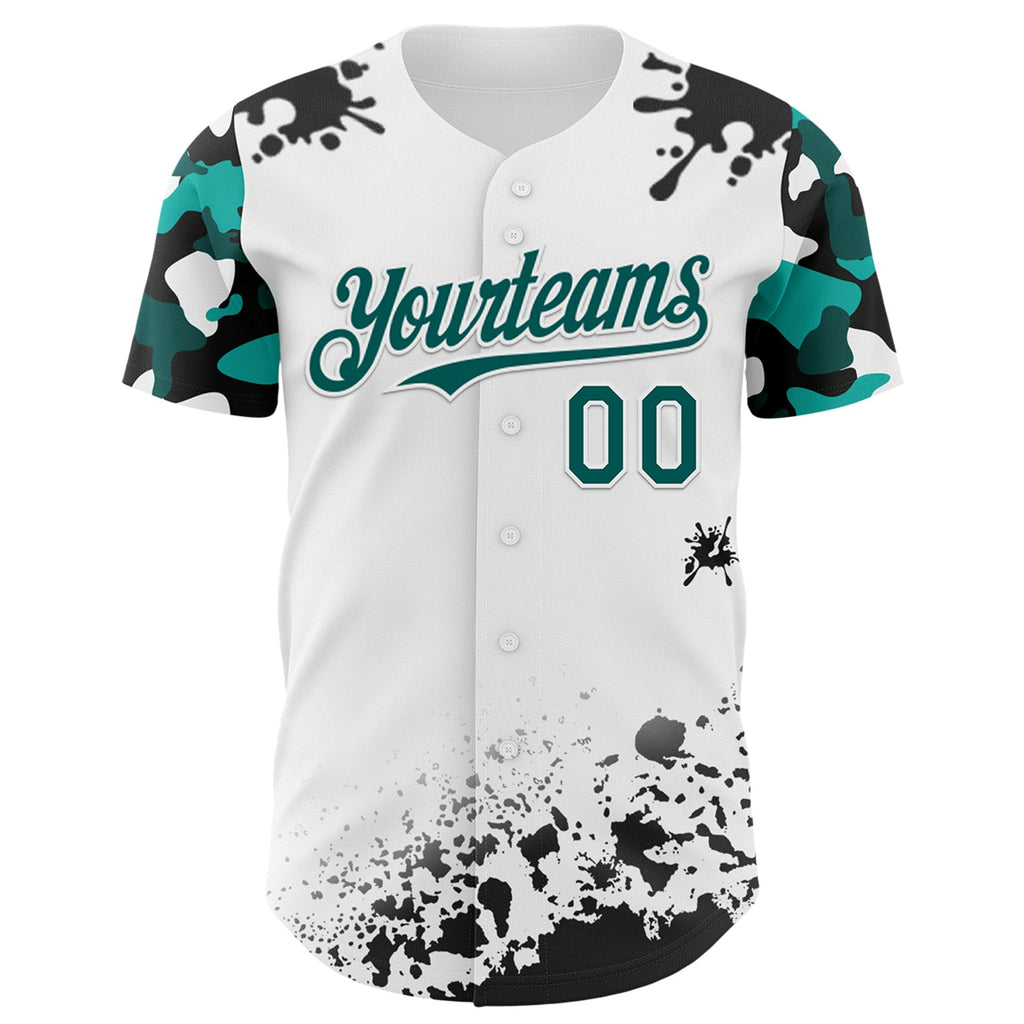 Custom White Midnight Green-Black Splatter Camo Two Tone Authentic Baseball Jersey