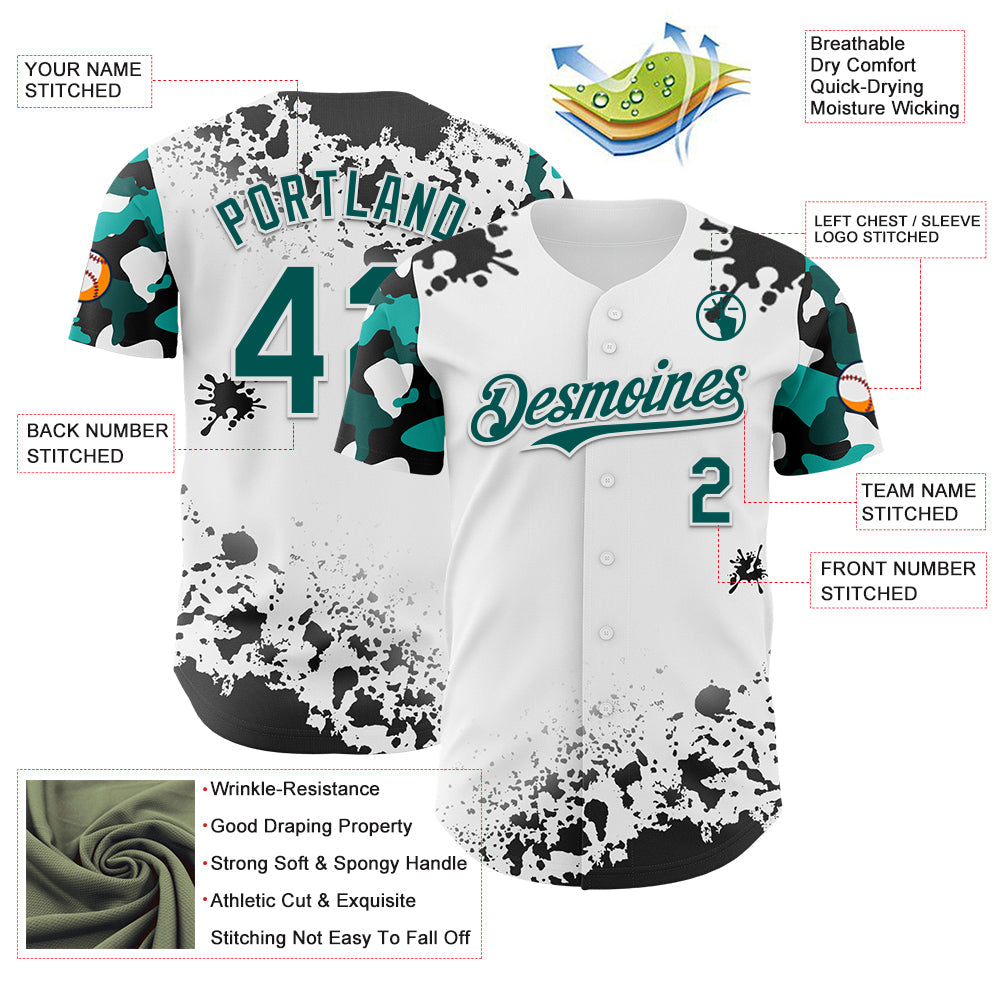 Custom White Midnight Green-Black Splatter Camo Two Tone Authentic Baseball Jersey