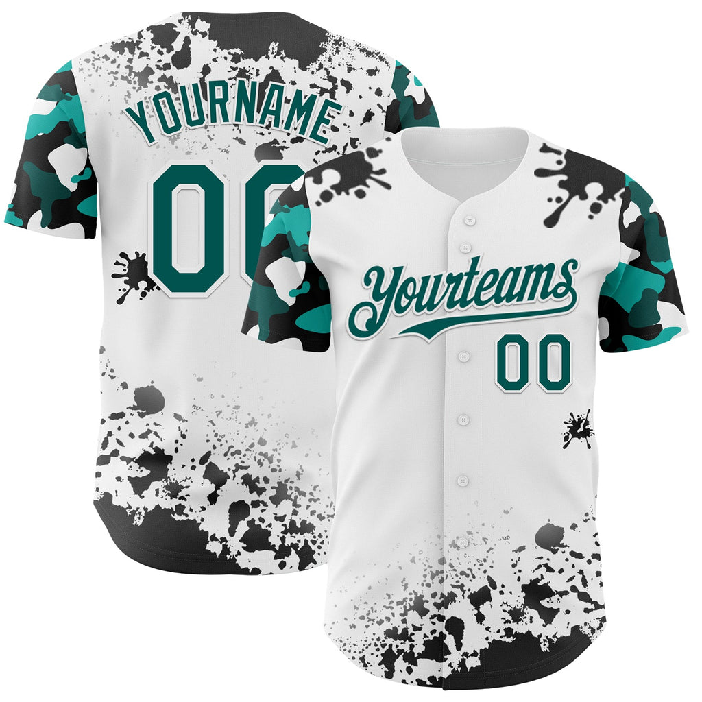 Custom White Midnight Green-Black Splatter Camo Two Tone Authentic Baseball Jersey