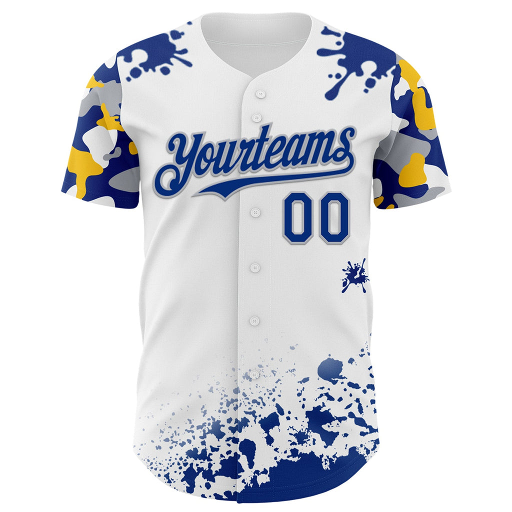 Custom White Royal Gray-Yellow Splatter Camo Two Tone Authentic Baseball Jersey