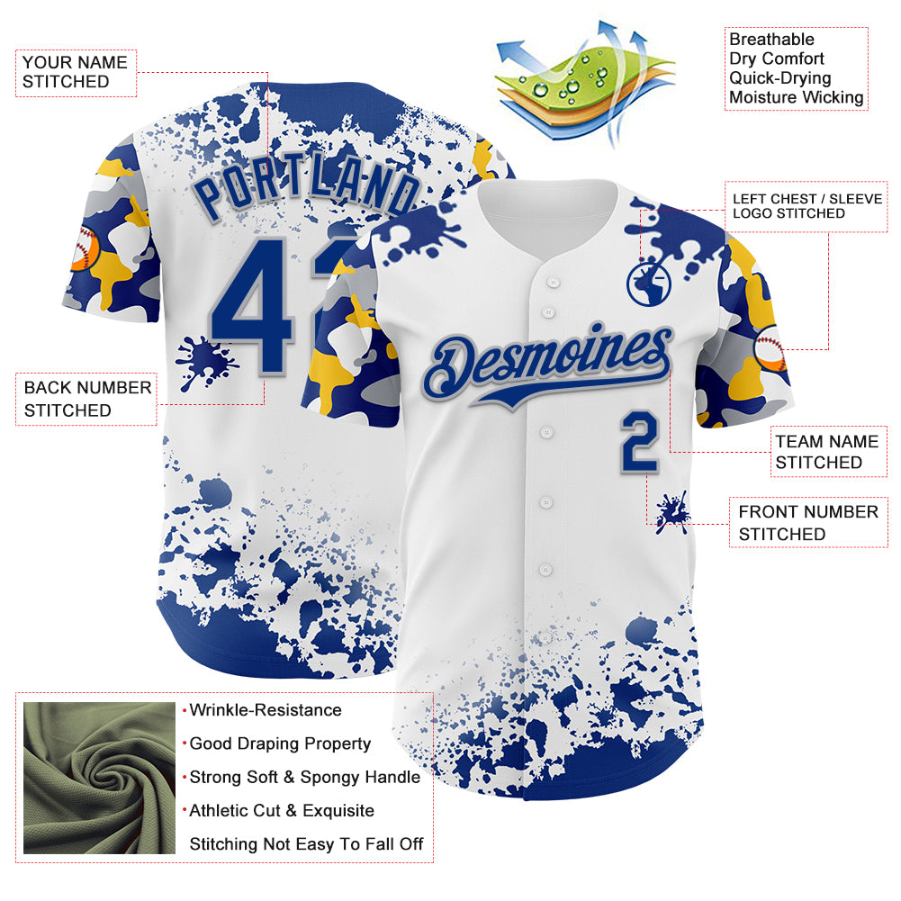 Custom White Royal Gray-Yellow Splatter Camo Two Tone Authentic Baseball Jersey