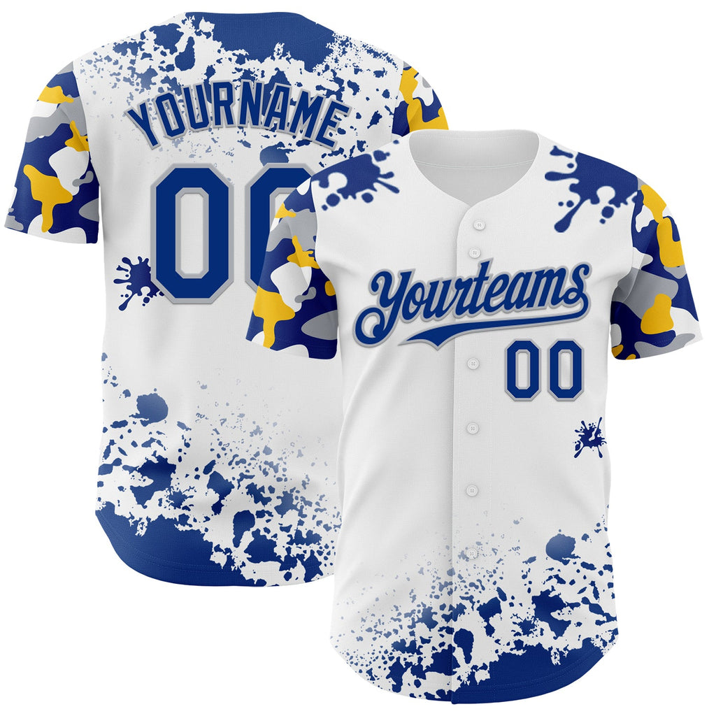 Custom White Royal Gray-Yellow Splatter Camo Two Tone Authentic Baseball Jersey
