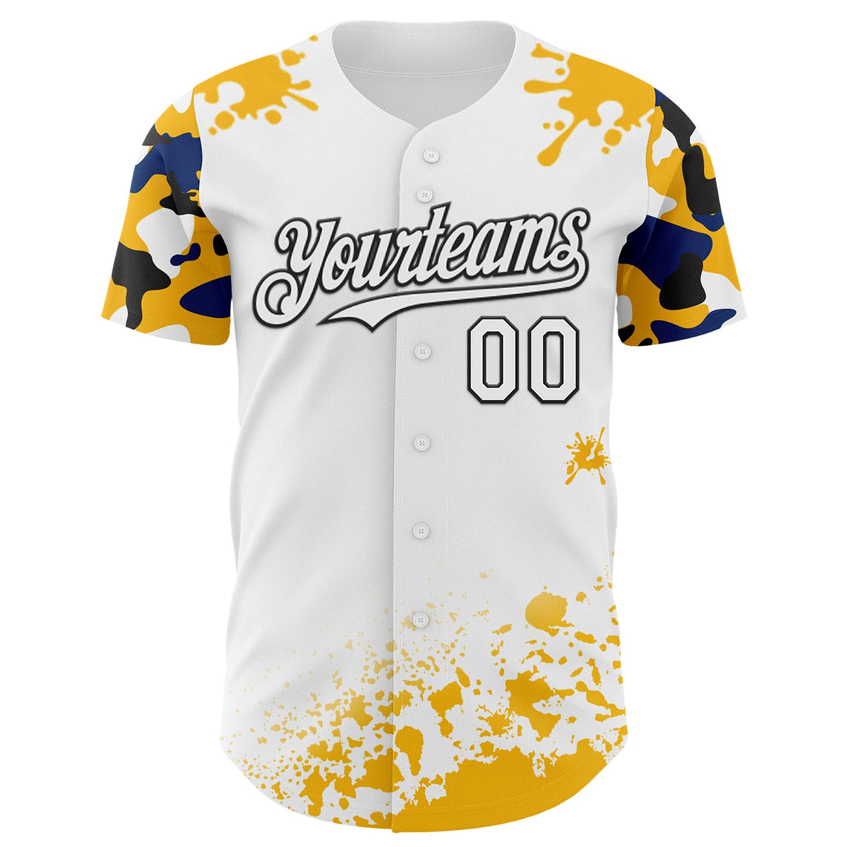 Custom White Black Gold-Blue Splatter Camo Two Tone Authentic Baseball Jersey