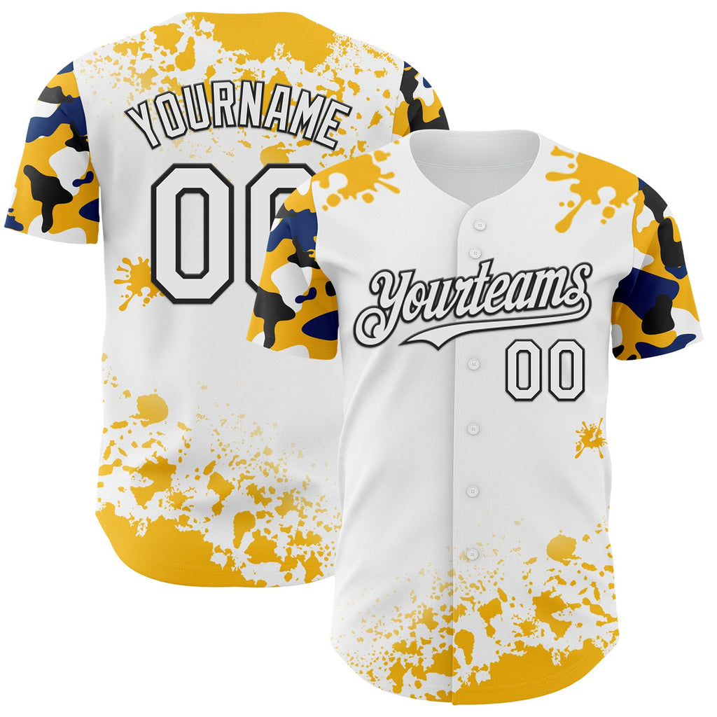Custom White Black Gold-Blue Splatter Camo Two Tone Authentic Baseball Jersey