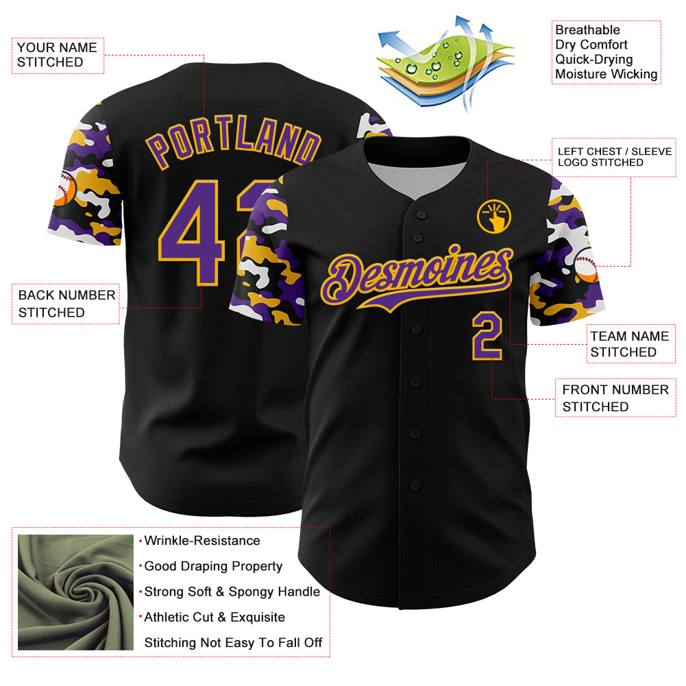 Custom Black Purple Gold-White Digital Camo Two Tone Authentic Baseball Jersey