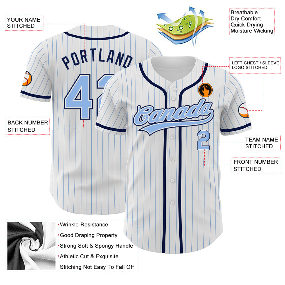 Custom White Light Blue Pinstripe Light Blue-Navy Authentic Baseball Jersey