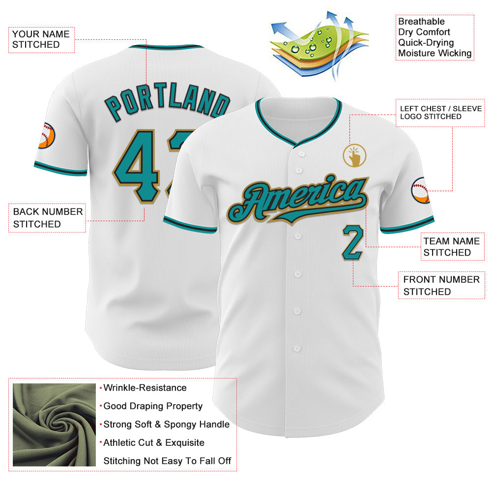 Custom White Teal Black-Old Gold Authentic Baseball Jersey
