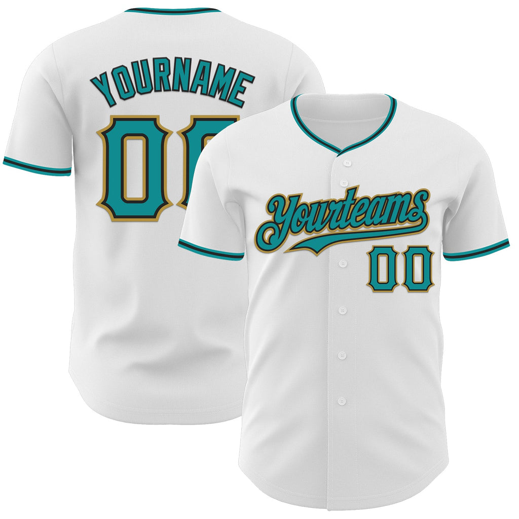 Custom White Teal Black-Old Gold Authentic Baseball Jersey