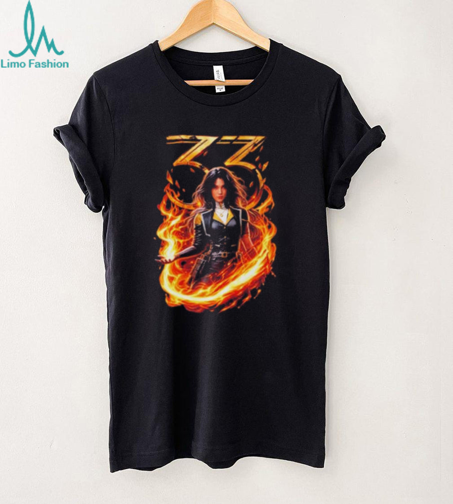 Woman Surrounded by Fire with Number 33 shirt