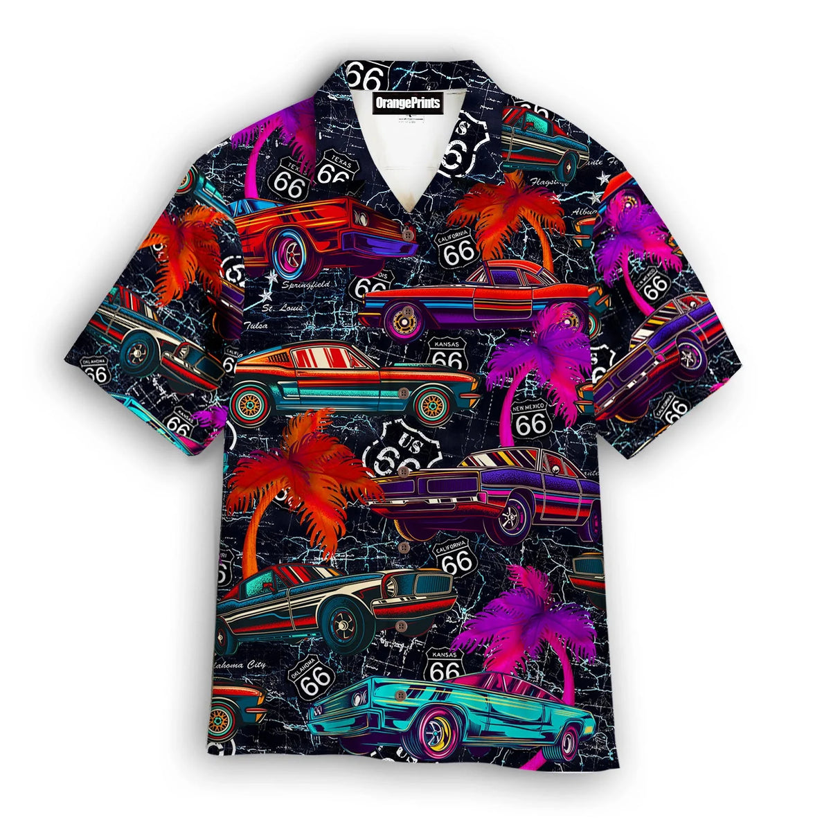 Amazing Neon Vintage Retro Muscle Car On Route 66 Trendy Hawaiian Shirt