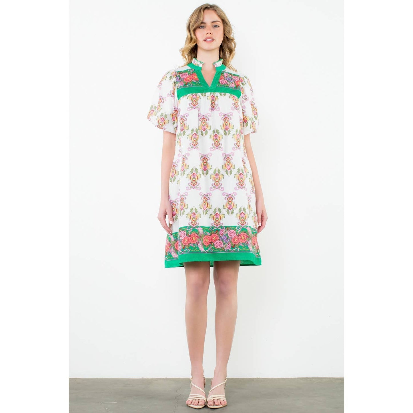 Puff Sleeve Print Midi Dress