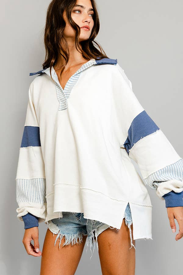 T2004 | French Terry Knit Color-Block Collared Loose Fit Top