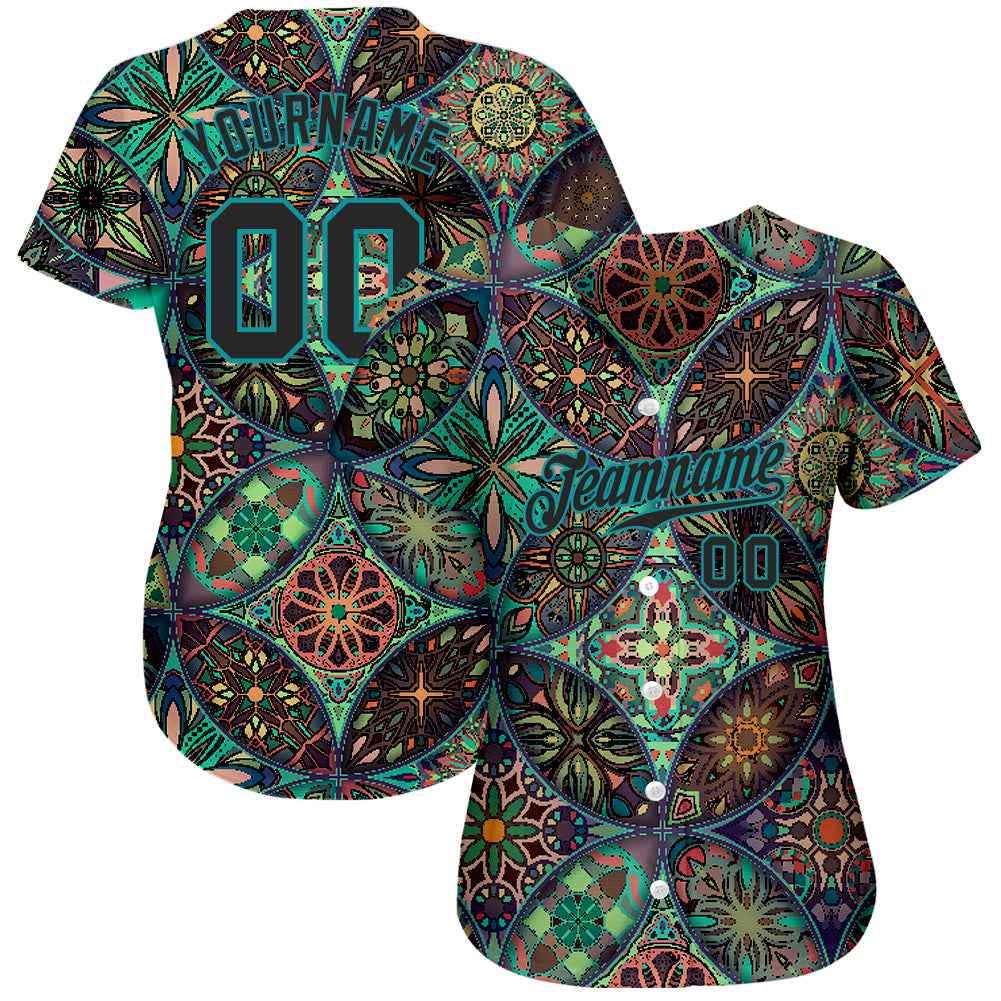 Custom Black Black-Teal 3D Pattern Design Mandalas Authentic Baseball Jersey