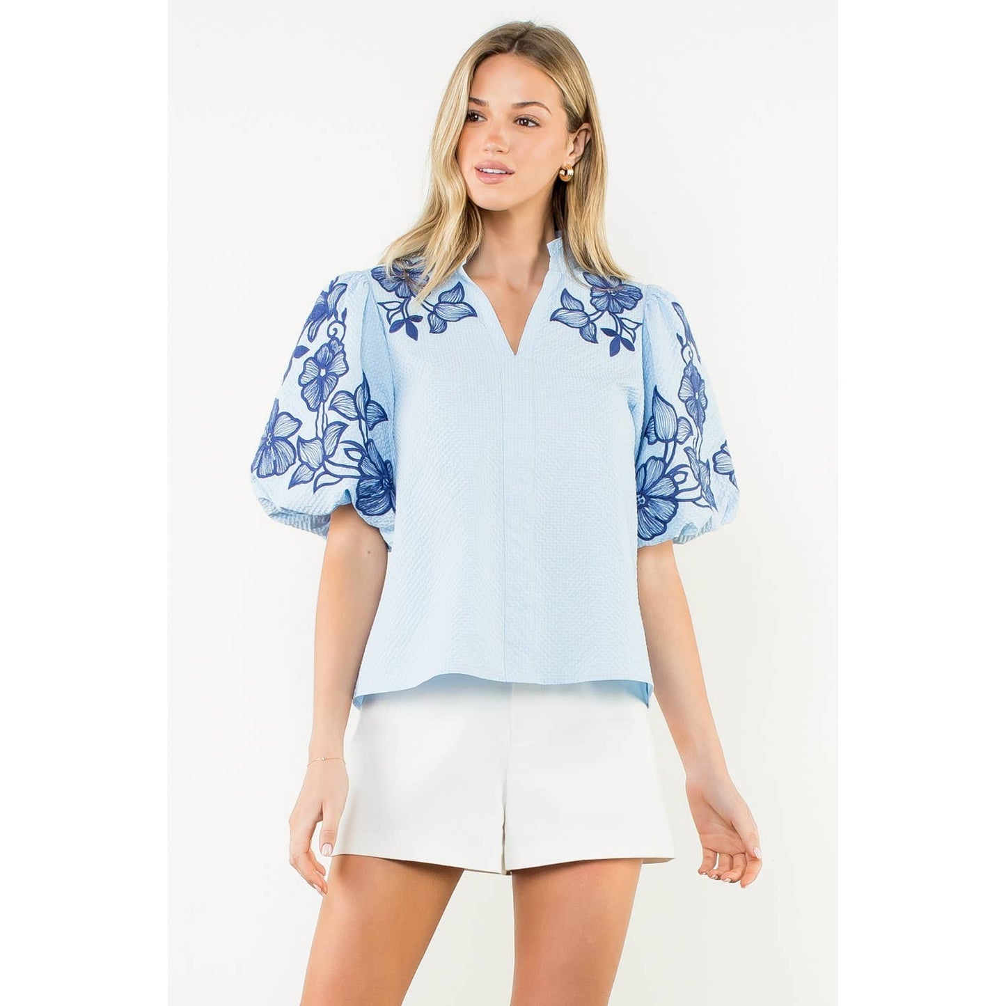 Embroidered Puff Sleeve Textured Top