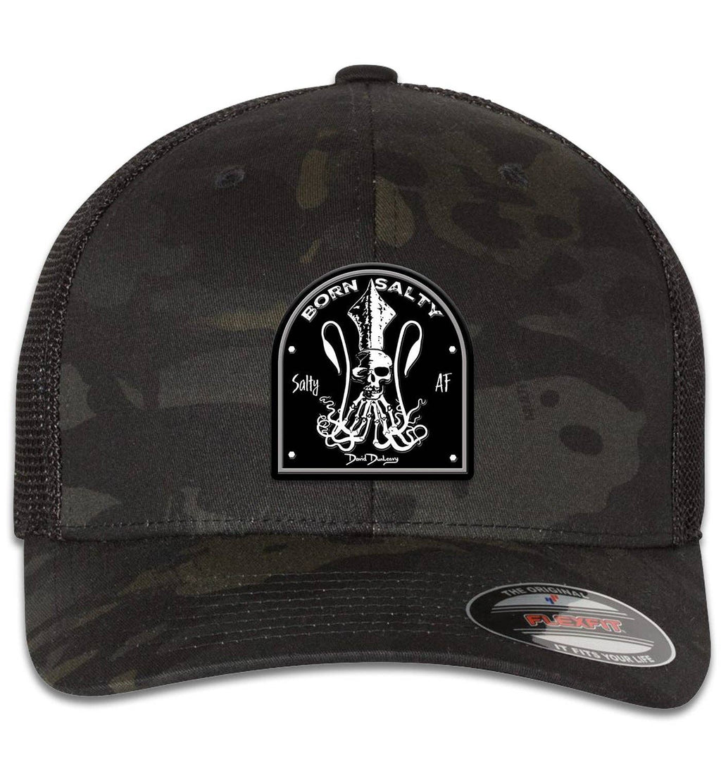 Born Salty Skull Kraken 6 Panel Trucker Snap Back Hat Multicam Black Black