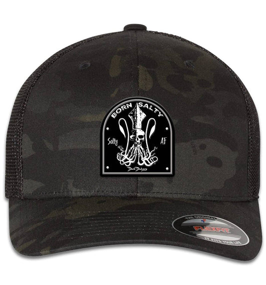 Born Salty Skull Kraken 6 Panel Trucker Snap Back Hat Multicam Black Black