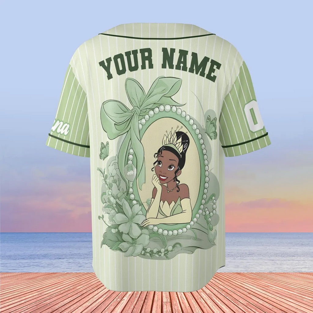 Custom Name And Number Coquette Princess Tiana Green Baseball Jersey