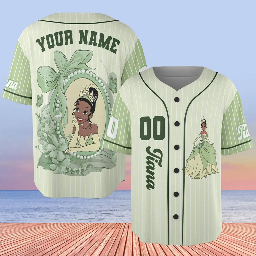 Custom Name And Number Coquette Princess Tiana Green Baseball Jersey