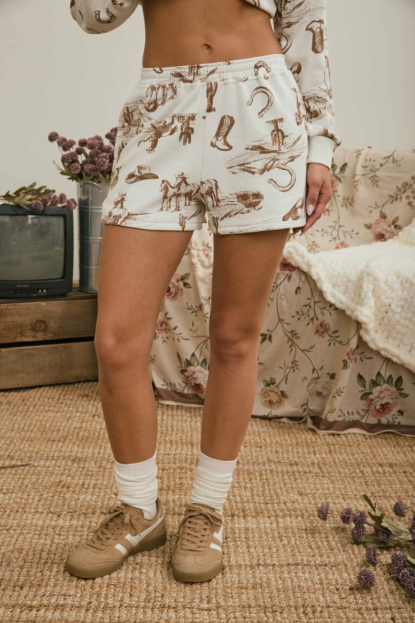 Western Print Elastic Waist Knit Shorts (Pre-Order)