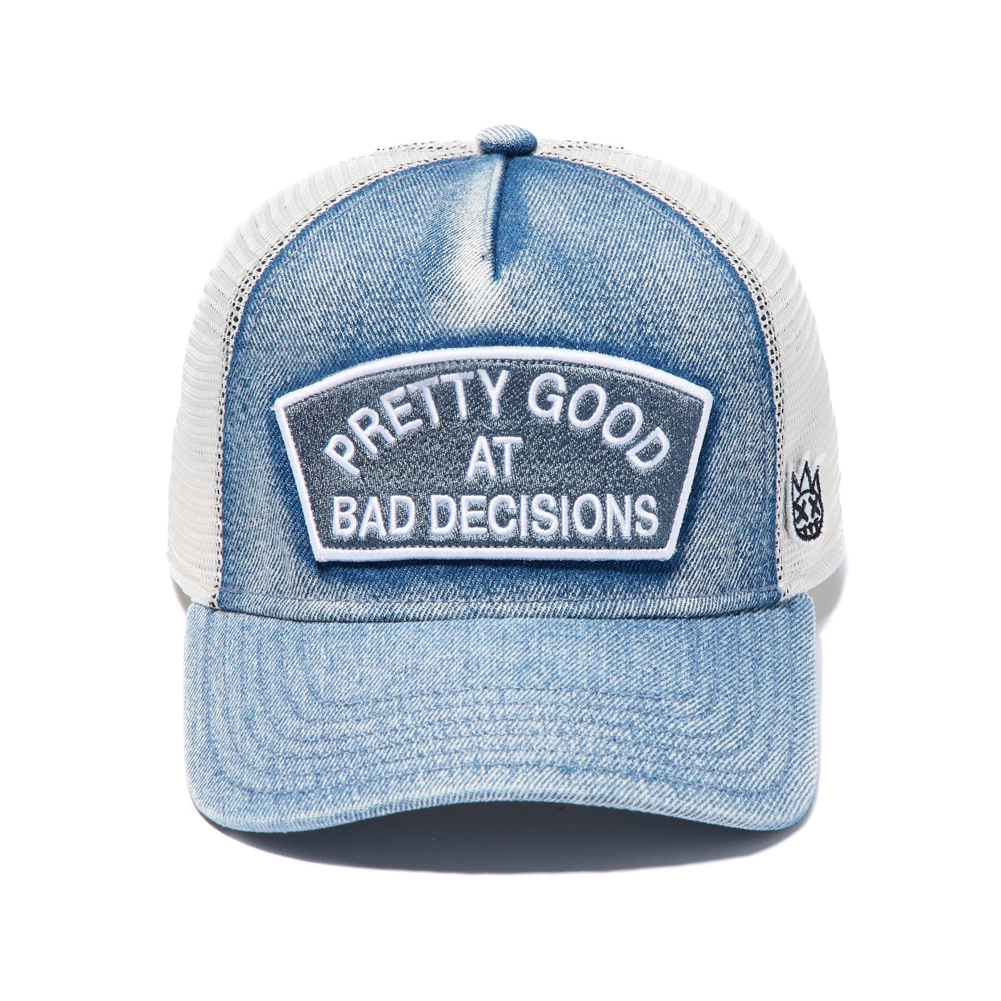 Cult's Mesh Trucker Hat "Good At Bad Decisions" in Denim