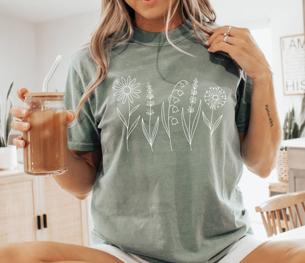 Minimalist Wildflower Shirt Botanical Line Art Tee Daisy Tee
