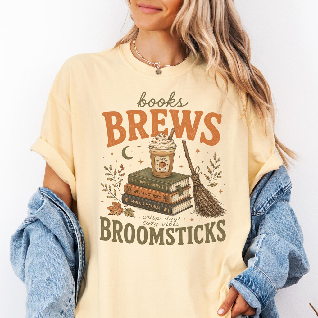 Book Lover Fall Books Coffee Broomsticks Pumpkin Coffee Tee Halloween Reading Witchy Autumn Librarian (2)