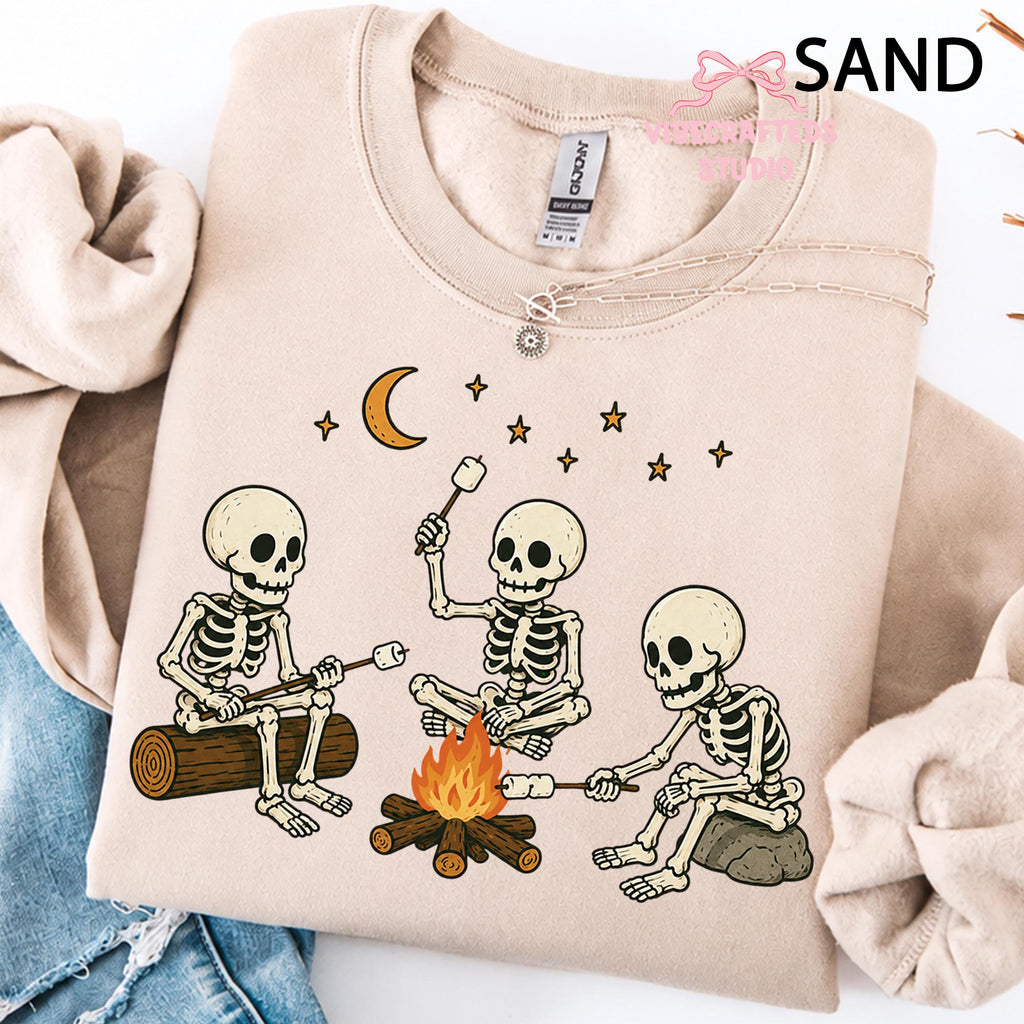 Skeleton Camping Three Skeletons Roasting Marshmallows Around Campfire Halloween Outdoor (2)
