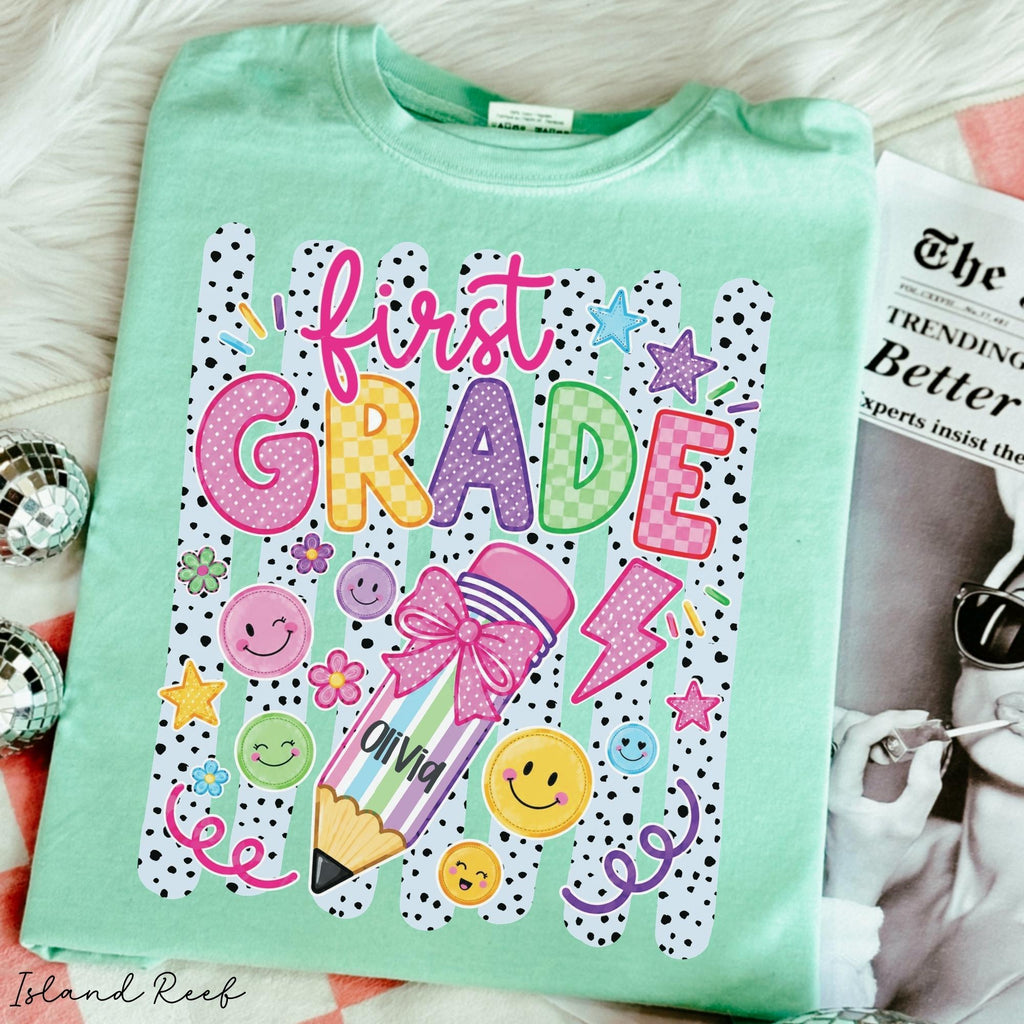Personalized First Grader Stripes Custom Striped Back School Tee First Day 1st Grade (3)